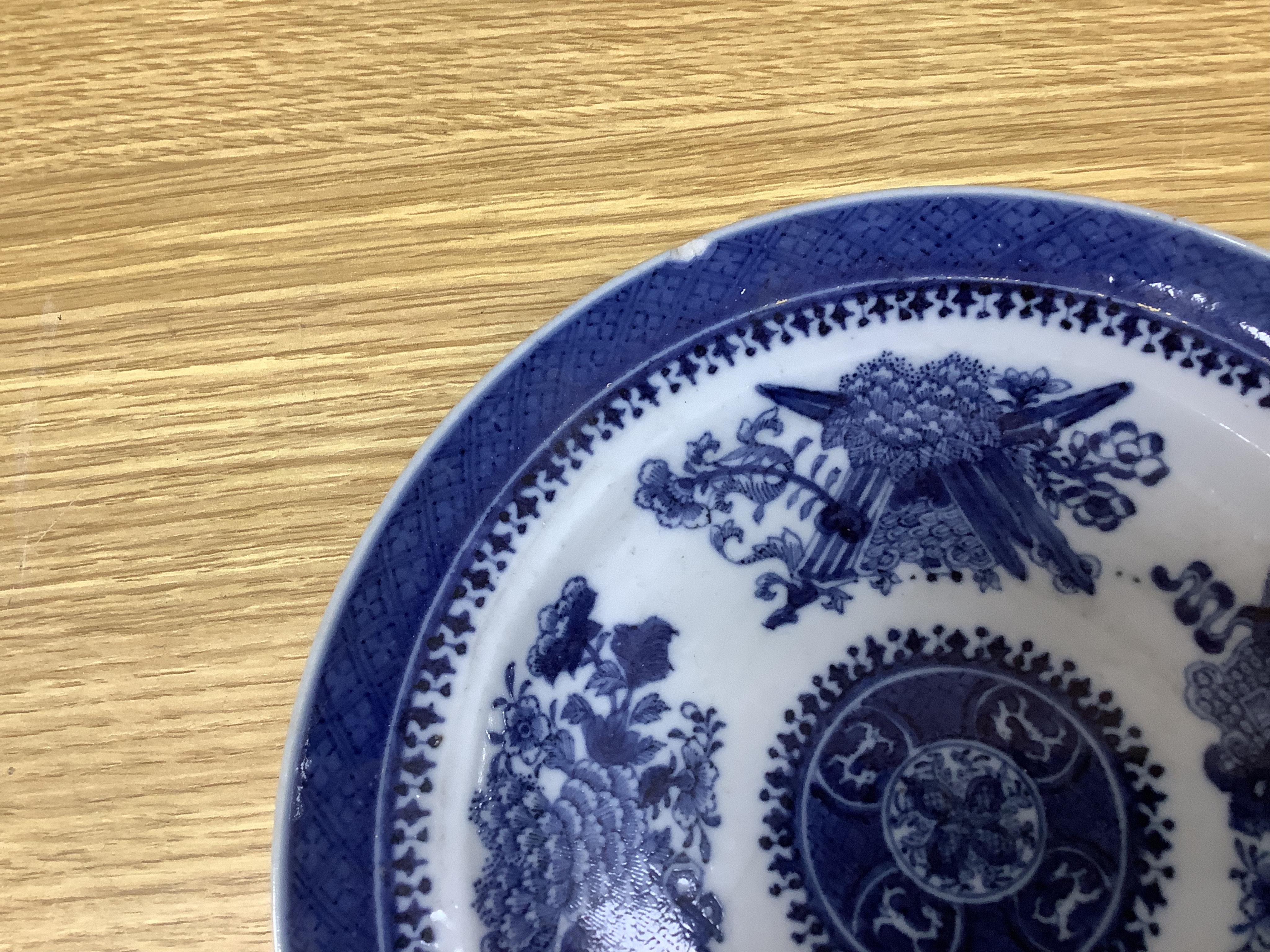 Five 18th / 19th century Chinese export blue and white plates and dishes, largest 27cm in diameter